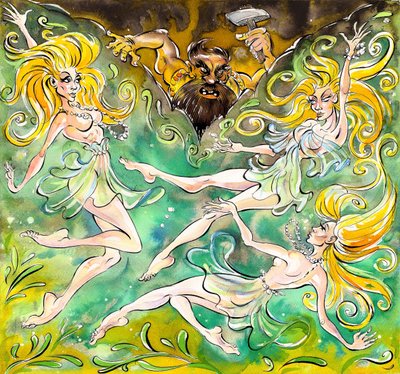 Rheinmaidens (Rheintöchter) en el Rheingold de Wagner con Woglinde, Wellgunde y Flosshilde y Alberich en el fondo de Neale Osborne